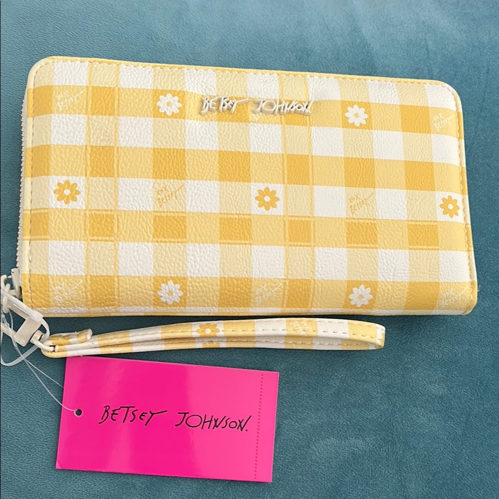Betsey Johnson Yellow Floral Logo Checkered Wallet